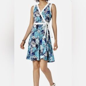 Tommy Hilfiger Floral Sleeveless Wrap Dress - Blue and White